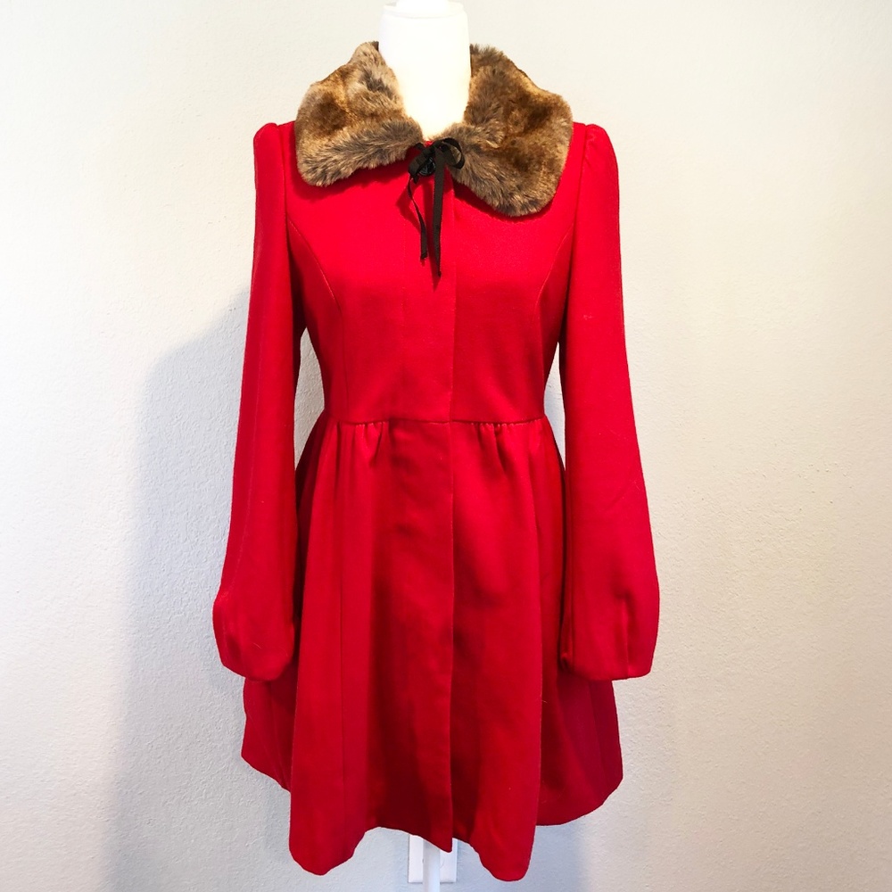 Red Pea Coat with Fur Lapel
